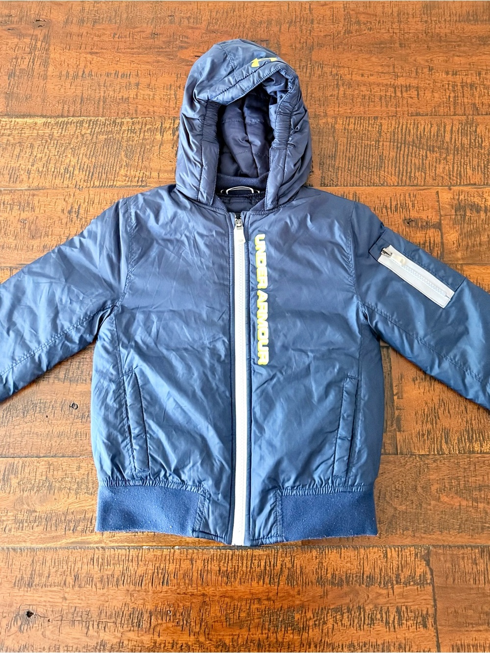 Under Armour Kids Navy Hooded Zip-Up Puffer with Lime Logo SZ.4